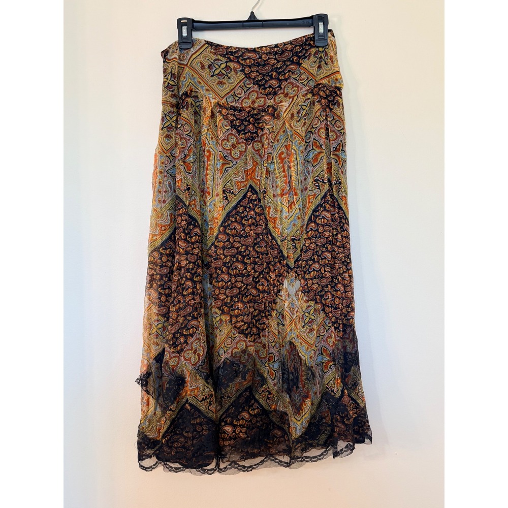 WD NY Silk Paisley Patchwork Midi Skirt Lace Trim Orange Blue Size 6